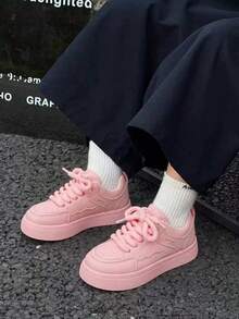 1 Pair Kids Thick Sole Casual Skate Shoes, Chunky Laces, Wavy Stitching Design, Breathable, Non-Slip, Soft Bottom, Versatile Daily Sports Shoes - Pink - View 8