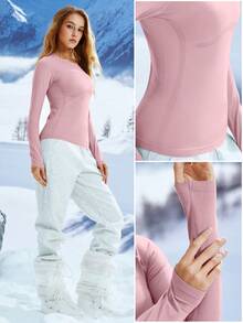 Leorrey 1pc Women's Solid Color Round Neck Waist-Shaping Long Sleeve Ski Suit - Pink - View 7