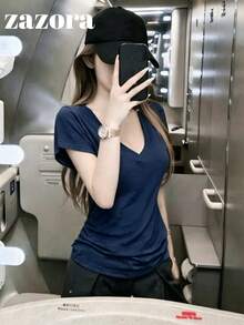 Navy Blue V-Neck Slim Fit Short Sleeve T-Shirt, Korean Style Sexy Slimming Versatile Top - Navy Blue - View 7