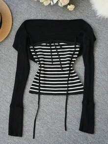 Setelan 2pcs Musim Semi/Panas Terbaru, Seksi, Manis, dan Menggoda, Terdiri dari Tank Top Bandeau dengan Tali Pengikat dan Kardigan Rajut Lengan Panjang Pendek yang Membentuk Tubuh, Cocok untuk Jalan-jalan, Bepergian, dan Kencan. - Hitam - View 7