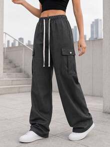 Black Wide Leg Cargo Pants For Women With Elastic Drawstring Waist Flap Pockets Relaxed Loose Fit Trousers For Daily Wear - Black - View 2