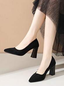 1 Pair Black Suede Pointed Toe Women's High Heels, Professional Work Commute Versatile Pumps, Mid-Heel Chunky Heel, PU Material Suitable For All Seasons - Black - View 1