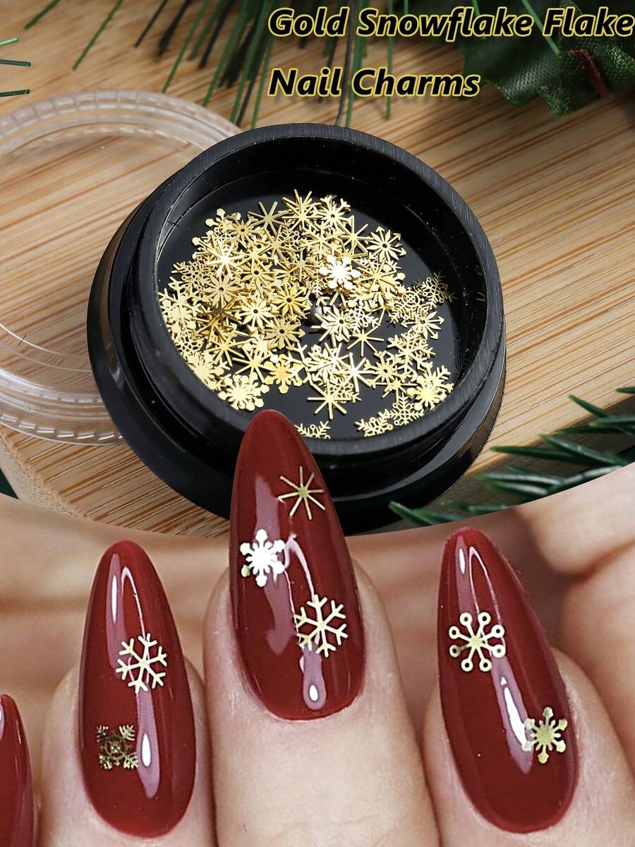 1 Box Snowflake Metal Nail Art Charms, 3D Gold Snowflake, 9 Mixed Color Designs, Cute Christmas Theme Winter Nail Decoration, Suitable For DIY And Nail Salon - Gold - View 1