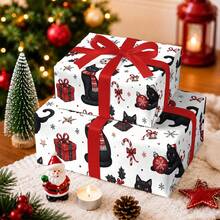 1套黑色貓咪聖誕包裝紙（含貼紙）－可愛小貓聖誕禮品包裝紙，印有聖誕帽、禮物、雪花與聖誕裝飾，適用於聖誕禮物、派對裝飾與生日禮物 - 一隻黑貓 - 查看 4