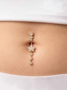 Gold‑Tone Flower Dangle Belly Button Ring, Sparkly Cubic Zirconia Navel Piercing Jewelry, Elegant Drop Belly Ring For Women Body Party Decor - Gold - View 3