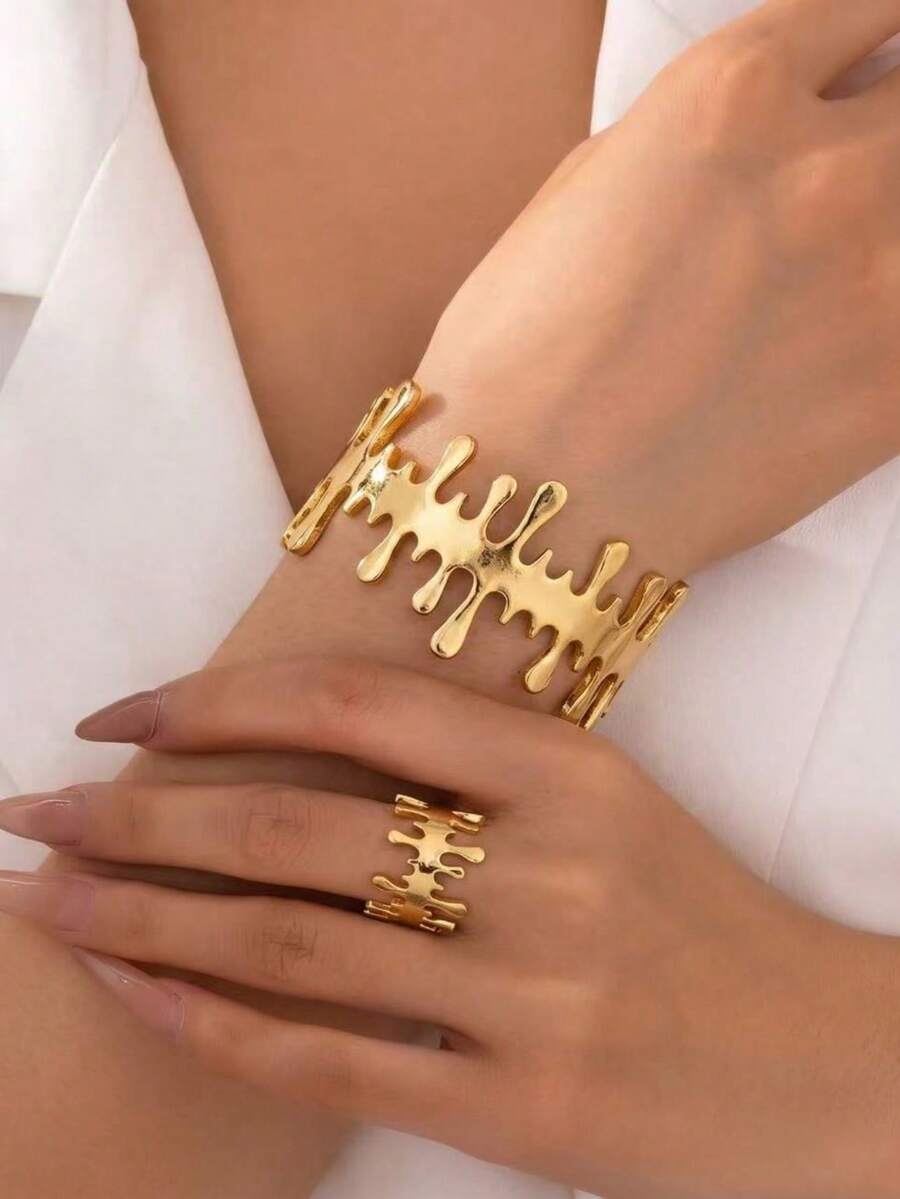 Set de 2 piezas de pulsera y anillo con diseño elegante vintage abstracto de goteo de lava, regalo de escultura artística única, adecuado para el uso diario de las mujeres y para regalar - Dorado - Ver 1