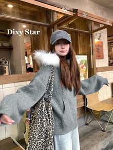 Women's Oversized Soft Knit Cardigan Sweater With Large Fur Collar, Slimming Fit, Autumn/Winter - Grey - View 1