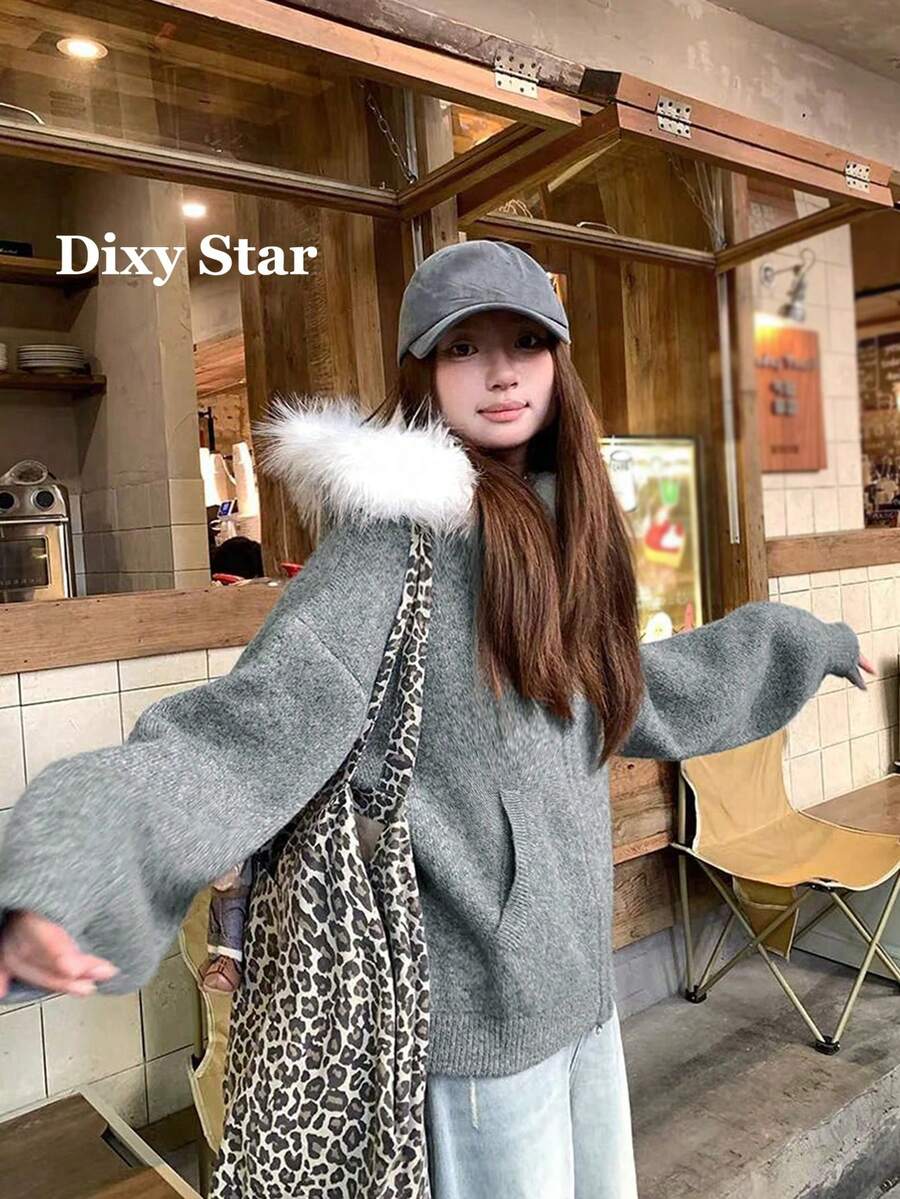 Women's Oversized Soft Knit Cardigan Sweater With Large Fur Collar, Slimming Fit, Autumn/Winter - Grey - View 1