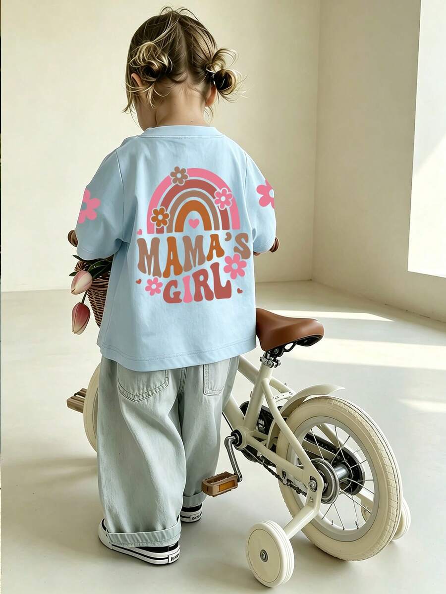 Baby Girl Minimalist "Mommy's Girl" Letter Print Round Neck Short Sleeve Cute Top - Baby Blue - View 1