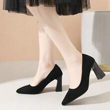 1 Pair Black Suede Pointed Toe Women's High Heels, Professional Work Commute Versatile Pumps, Mid-Heel Chunky Heel, PU Material Suitable For All Seasons - Black - View 4