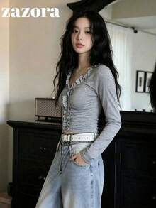 Korean Style Niche Exquisite 3D Ruffle Trim Long Sleeve T-Shirt Women's Inner Layer Top - Grey - View 7
