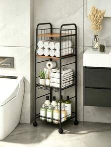 4‑Tier Rolling Storage Cart, Metal‑Wood Slim Organizer With Lockable Wheels & Wire Baskets, Mobile Storage Rack For Bathroom, Laundry, Kitchen Narrow Corner, Perfect For Home Users Storing Towels, Toiletries & Cleaning Supplies - Multicolor - View 6