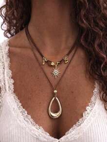 2pcs Vintage Minimalist Fashion Water Drop Sun Pendant Multi-Layer Layered Design Suede Collarbone Chain Sweater Necklace Suitable For Daily Wear - Multicolor - View 2