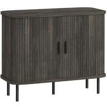 Mid-Modern Sideboard Storage Cabinet With Slatted Tambour Sliding, Kitchen Cabinet With Steel, On-Site - Rustic Brown + Engineered Wood - View 9