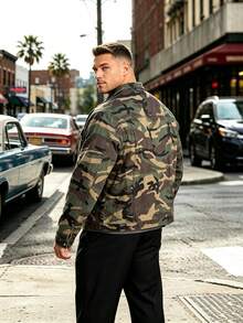 Classic Camouflage Men's Work Jacket With Lapel Collar, Double-Button Patch Pockets And Zipped Front Placket With Contrast Stitching – Casual Jacket - Army Green - View 2