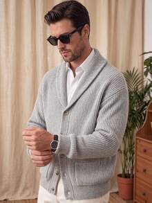 Men's Solid Color Open Front Lapel Long Sleeve Loose Fit Business Casual Commuter Double Pocket Cardigan Sweater Autumn Winter - Light Grey - View 4