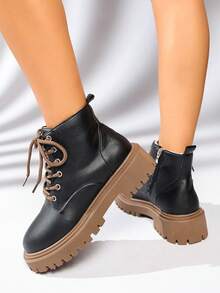 Women's New Fashion Versatile Round Toe Thick Sole Height-Increasing Boots - Black - View 5