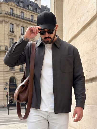 Lookun Solid Color Vintage Old Money Style Men's Shacket, Fashionable Minimalist Workwear Jacket Top