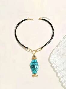 1pc Bohemian Style Fish Pendant Necklace, Black Multi-Strand Rope Chain ...