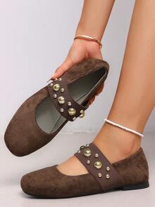 rlyza Vintage Velvet Mary Jane Shoes For Women With Metal Rivets, Round Toe, Flat Sole, Maillard Style Commuter Versatile Shoes - Brown - View 2