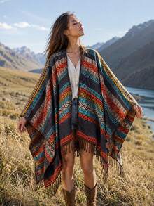 1pc Women's Jacquard Tassel Cape Shawl, Vintage Exotic Style Outerwear For Travel, Vacation And Photo Atmosphere - Multi-color Patchwork - View 1