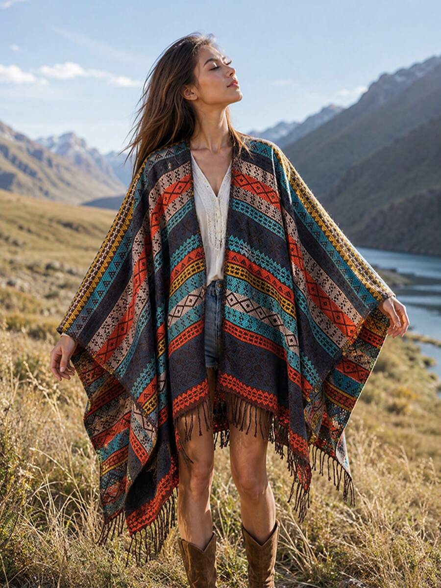 1pc Women's Jacquard Tassel Cape Shawl, Vintage Exotic Style Outerwear For Travel, Vacation And Photo Atmosphere - Multi-color Patchwork - View 1