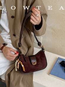 low tea 1pc Minimalist Fashion Baguette PU Leather Shoulder Bag, Suitable For Commuting, Shopping, Etc. (With Pendant) - Coffee - View 9