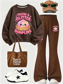 2pcs/Set Girls Parent-Child Outfit, Letter Print Sweatshirt And Flare Pants, Soft Fabric, Casual Street Style - Multicolor - View 2