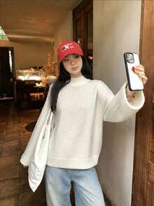 Minimalist Commuter Style Women's Comfortable White Short Chunky Knit Sweater Fall - White - View 1
