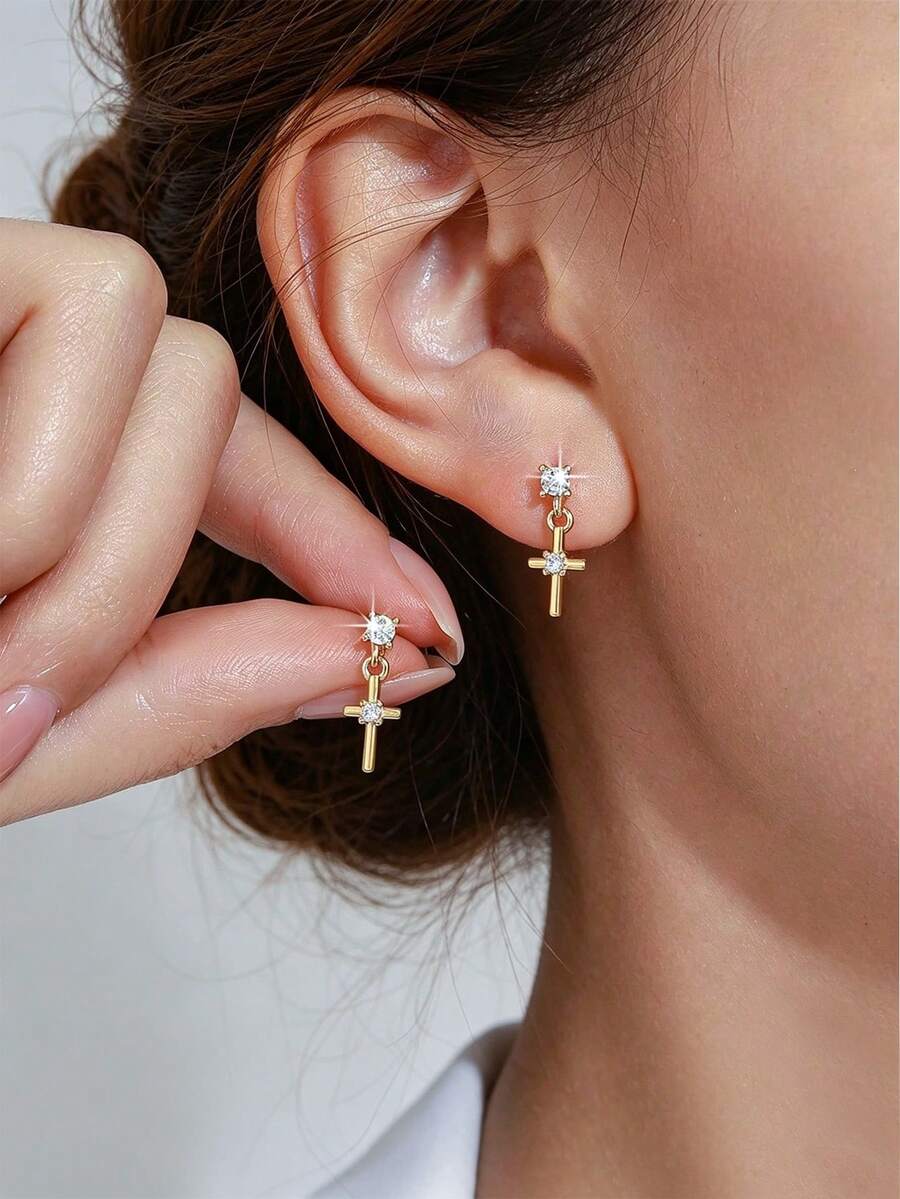 1 Pair/Women's Cross Earrings, 3 Styles Available, Zirconia Inlaid, Small And Exquisite, Religious Culture, Minimalist Design, Daily Wear, Delicate And Cute, Suitable For Dates, Gatherings, Dinners, Gifts For Best Friends, Girlfriends - Multicolor - View 1