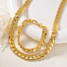 2pcs Classic Minimalist Thick Chain 11mm Necklace & Bracelet Set, Casual Streetwear Style For Men - Gold - View 6
