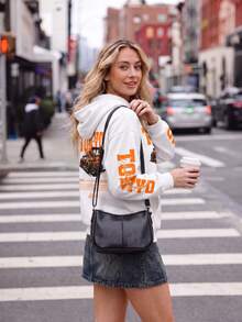 Women's Winter Letter & Car Graphic Print Drawstring Hooded Sweatshirt With Pockets, Casual Loose Multifunctional Style White - White - View 8