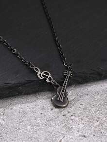 1pc Vintage Stainless Steel Guitar Note Pendant Necklace For Men, Grey, Rock Music Style Accessory, Jewelry - Gun Black - View 2