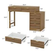 LITTLE TREE Computer Desk With 5 Drawers, Reversible Small Writing Desk With Storage, Vintage Wooden Study Table Office Workstation For Home Office, Small Spaces, Walnut Brown - Light Brown - View 2