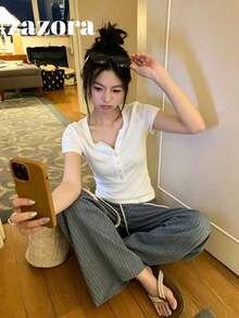 毛邊鈕扣短袖上衣，休閒舒適極簡修身T恤，夏季白色 - 白色 - 查看 8