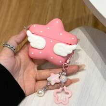 1pc Pink Polka Dot Star Wing Silicone Earphone Protective Case With Star Hanging Chain, Compatible With Apple 1/2 Pro, 3/Pro (2nd Generation), 4/Pro3 - Multicolor - View 3
