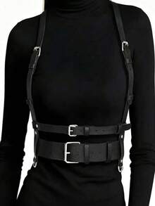 Punk Style Leather Strap Belt, Gothic Adjustable Buckle Belt, Suitable For Cosplay Theme Party Stage Performance Punk Style Decoration - Black - View 3