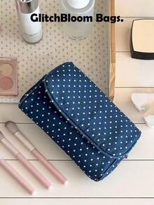 Polka Dot Makeup Bag With Built-In Mirror, Portable Zipper Makeup Storage Bag, Women's Travel Toiletry Bag, Cute Storage Box (Pendant Not Included) - Blue - View 5