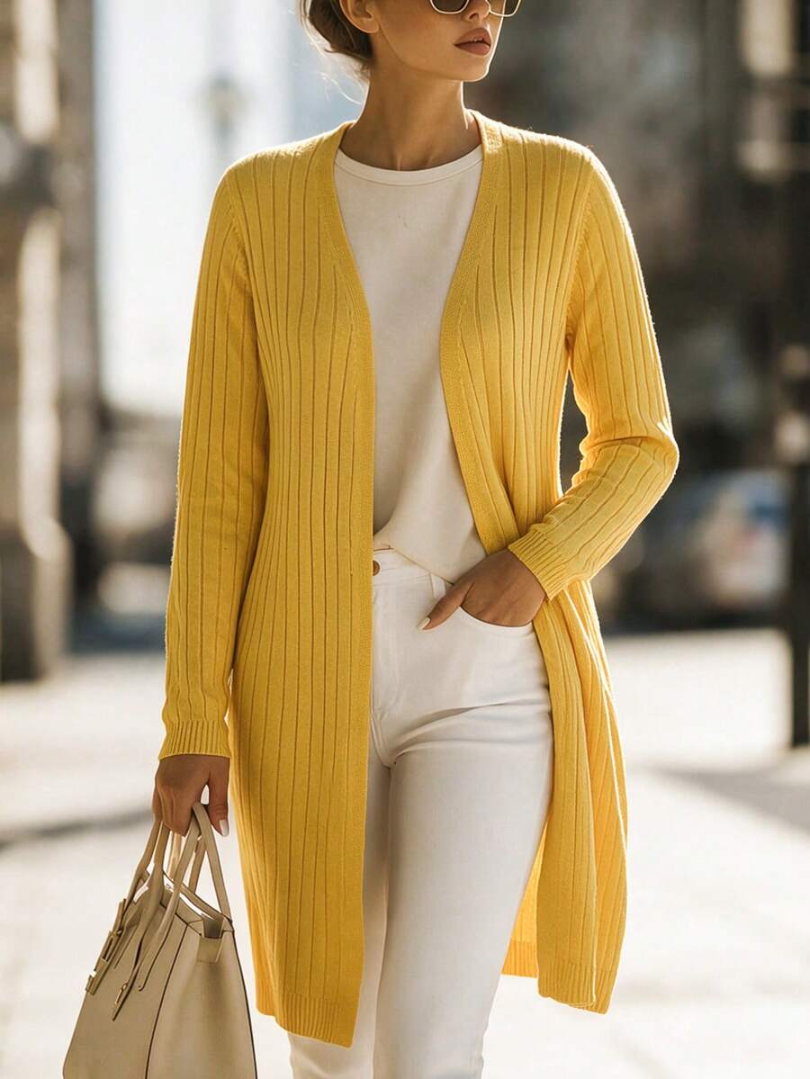 SEREN Cardigan Rajut Panjang Bergaris Kuning Leher V untuk Wanita, Pakaian Kasual Serbaguna Lengan Panjang untuk Perjalanan Musim Gugur, Baru untuk Wanita - Kuning - View 1