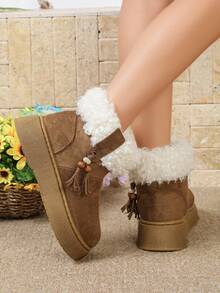 1 Pair Women's Round Toe Winter Ankle Boots, Camel Tassel Bead Decor Platform Boots - Camel - View 4