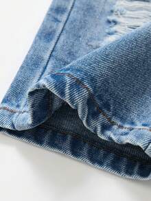 Baby Girl Denim Long Pants, All Season Casual Cute Mid-Blue Distressed Washed Ripped Distressed Frayed Hem Pink Heart Embroidery Elastic Waist Loose Wide Leg Comfortable Soft Premium Cotton Denim Fabric - Medium Wash - View 8