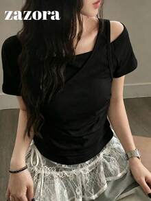 韓式女款夏季不對稱肩 2 合 1 修身百搭拼接短袖 T 恤，黑色休閒 - 黑色 - 查看 7