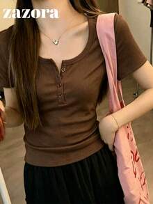 Brown Thin Low Neck Short Sleeve T-Shirt Women Korean Style Slim Fit Cropped Top - Brown - View 8