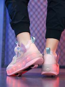Unisex LED Rechargeable Light-Up Roller Shoes, Children's Multi-Functional Transformable Roller Skates With Detachable Wheels, Suitable For All Seasons, Outdoor And Sports - Pink - View 5