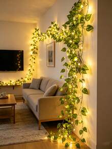 1pc LED Green Leaf String Lights, Artificial Ivy Fairy Lights, Green Leaf Design, Battery Operated, Suitable For Indoor/Outdoor Wall Decoration, Party, Christmas And Holiday Atmosphere Creation, Holiday Lighting, Holiday Decoration, Atmosphere Lighting, Durable Hanging Lights, Home Decor, Party Arrangement, Warm Atmosphere Accent - Green Ivy String Lights - View 3