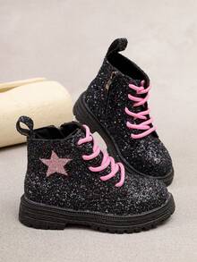 Shu Rui Shiny Star Decor Fashion Boots, Cute Side Zipper Lace-Up Ankle Boots, Casual Boots Suitable For Girls' Daily Outings - Black - View 5