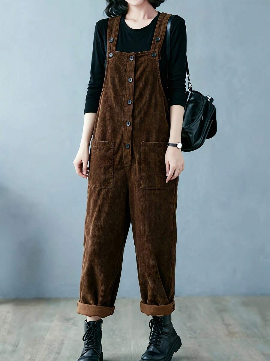 Casual Solid Color Polyester Button Jumpsuit, Daily Autumn/Winter Style - Coffee Brown - View 1