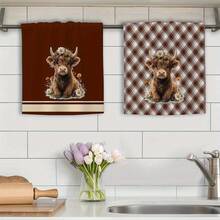 2PCS Farmhouse Kitchen Towels, Cute Highland Cow Flower Crown Plaid Print Dish Towels, Rustic Country Home Decor Hand Tea Towels For Kitchen - Brown - View 7