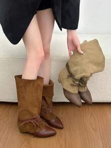 Autumn New Women's Black Low Chunky Heel High-Top Pointed Toe Leather Boots - Brown - View 6