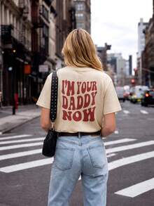 Women's Black Round Neck Tee With Fun Slogan Print. Casual Vacation Style, Soft And Comfy Graphic Top, Perfect For Daily Leisure And Holiday Wear. - Apricot - View 7